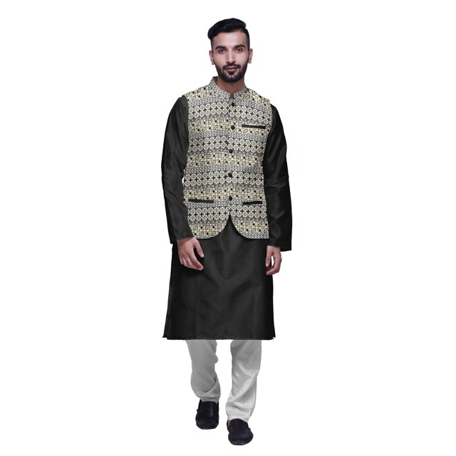 Atasi Ensemble de Pyjama Kurta Churidar Ethnique avec Veste Nehru Imprimée pour Hommes