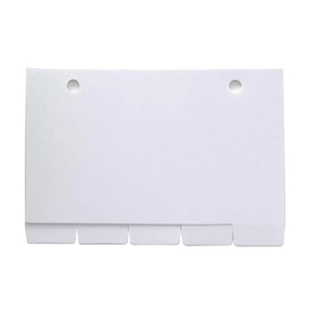 3x5 Lined Index Card Set with Ring & Dividers featuring 100 ruled cards for organization. The image shows a close-up of a white index card with two punched holes at the top and five tabbed dividers at the bottom edge. Made of sturdy poly material, the cards are designed for durability and easy note-taking. Ideal for categorizing notes, flashcards, or recipes, the set includes a ring holder and dividers for efficient organization.