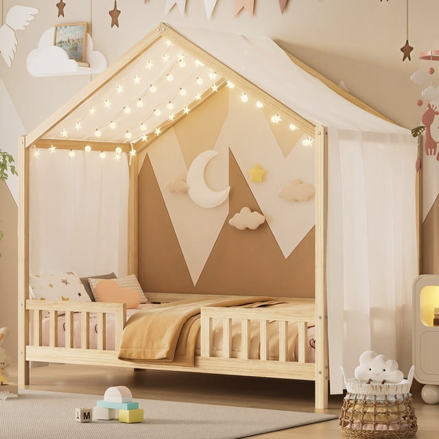 Euroco Lit Montessori au Sol avec Baldaquin, Lit Simple en Forme de Maisonnette pour Tout-Petit avec Hautes Rampes, Naturel