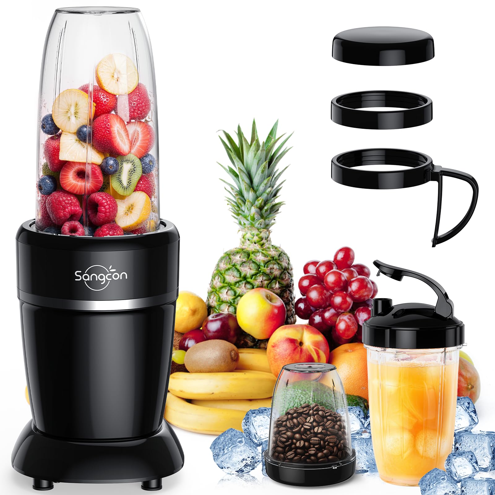 Sangcon 1000W Smoothie Blender for Kitchen, Blenders for Smoothies with (3) Cups (2) Spout Covers (1) Storage Cap (1) To-Go Cap, Portable Blender for Shakes, Ice Crushin
