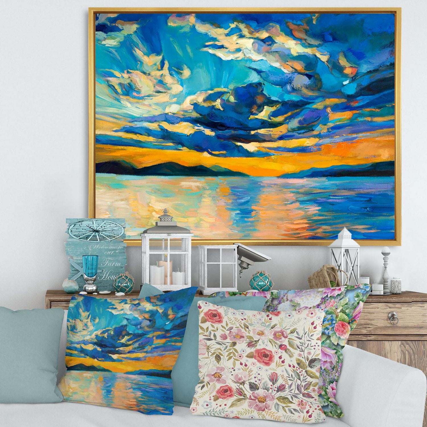 Designart Nuageux grand ouvert coucher de soleil sur l'horizon de l'océan ART MURAL À CADRE FLOTTÉ