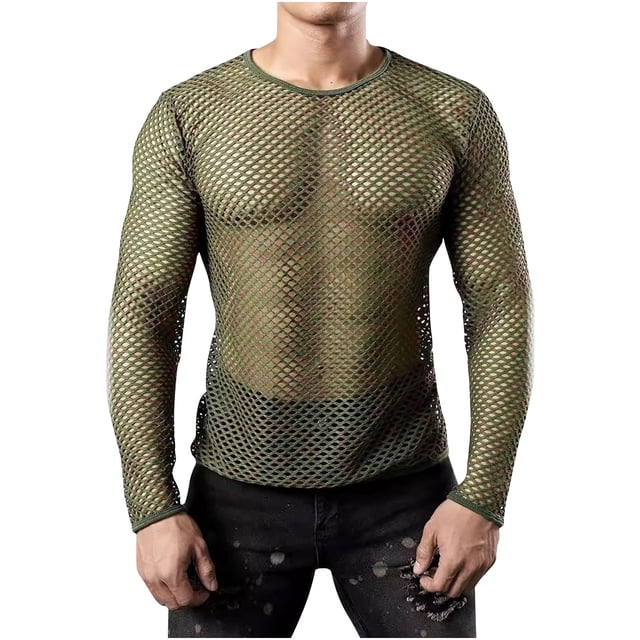 Birdeem Chemises pour Hommes Mode Homme Ajourées Filet de Pêche Décontracté Couleur Unie Manches Longues Col Rond Chemise
