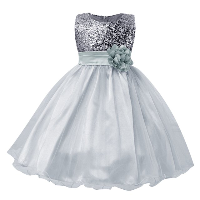 B91xZ Robe Décontractée pour Filles Robe de Fête Décontractée Imprimée Robe Tournoyante pour Enfants, Gris 9-10 Ans