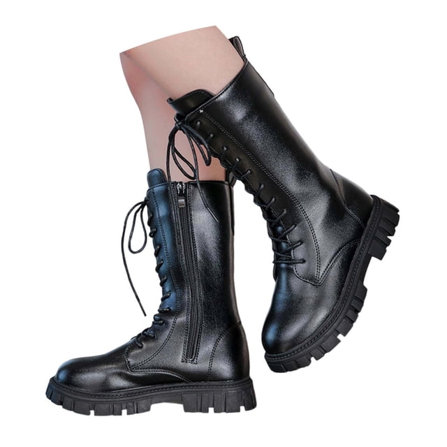 Wdgfv Bottes de Combat Mi-Mollet à Lacets pour Filles, Mode, Bout Rond, Fermeture Éclair Latérale, Semelle Crantée, Style Punk Goth, pour Tout-Petit, Petite Enfant, Grande Enfant, Noir, 7-8 Ans