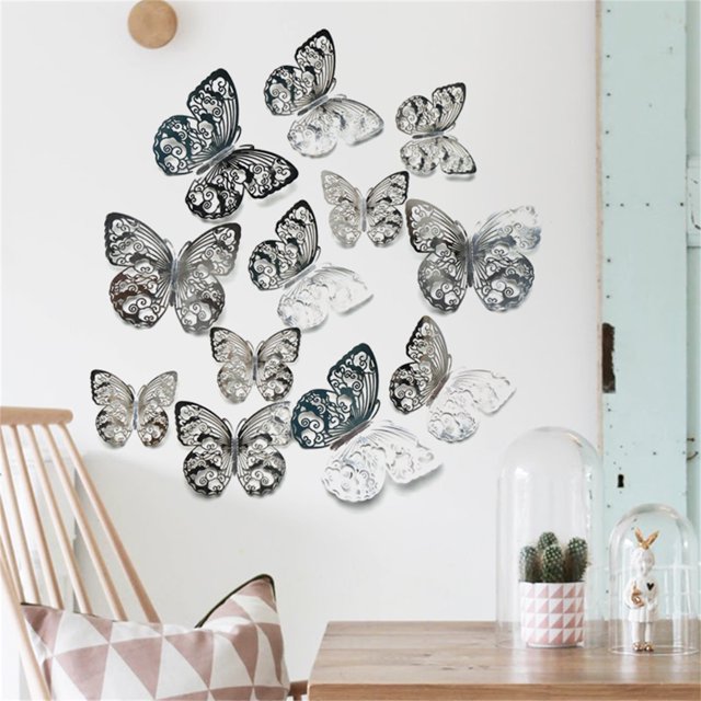 TIMIFIS Décoration Maison 12 Pcs Autocollant Mural Papillon Creux Texture Métal 3D DecorFall