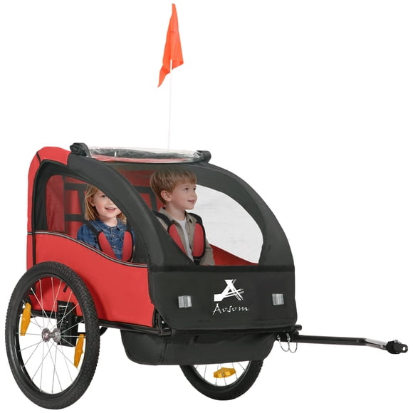 Aosom 2 Seat Bike Trailer for Kids, Baby Stroller with Storage Bag, Red