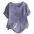 thumbnail image 1 of Birdeem Womens Short Sleeved Casual Plus Size Round Neck Feather Printed Loose Button Cotton Linen Top, 1 of 1
