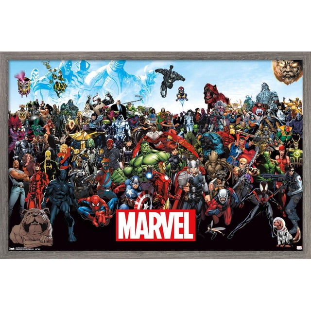 Marvel Comics - The Marvel Lineup Wall Affiche, 22.375 Pouces x 34 Pouces Présente un collage avant de Nombreux Superhéros et Méchants Marvel, Dont Hulk, Spider-Man, Thor, Iron Man, Captain America, Groot et Rocket Raton Laveur, sur Fond de Ciel Bleu avec un Cadre en Bois Gris et le logo Marvel Rouge et Blanc au Centre Inférieur, Convient à la Décoration Murale de la Maison Ou du Bureau.