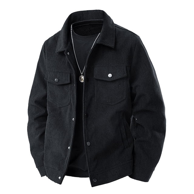aohooy Men Corduroy Work Jacket - Fall Button Up Long Sleeve Collared Shacket with Flat Pockets Black,XXL