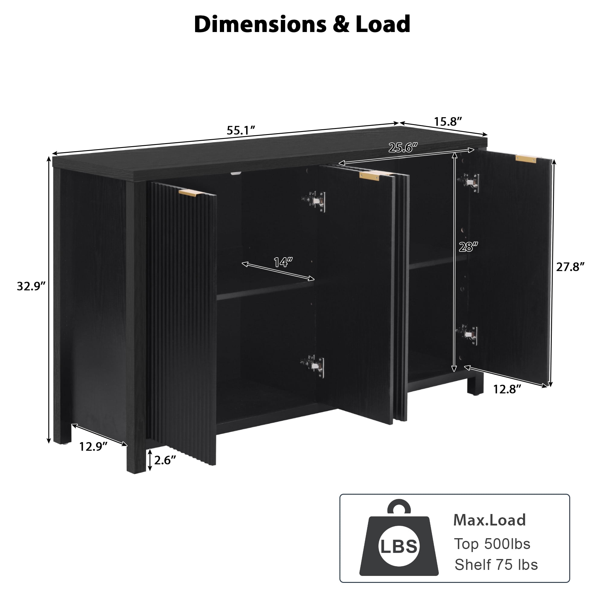 Noble House 55" Fluted Buffet Cabinet,4-Door Farmhouse Accent Storage with Adjustable Shelves for Dining Room,Black