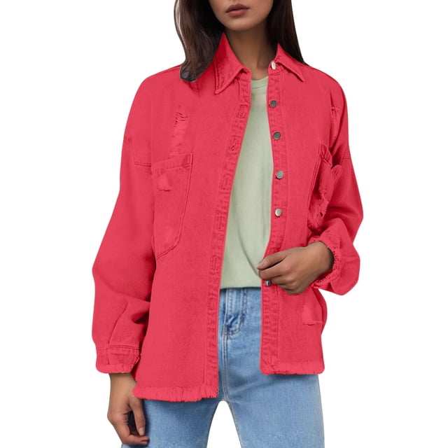 Baberdicy Distressed Denim Jackets for Women - Fall/Winter Vintage Loose Fit (Oversized, Ragged Hole Design) Red M
