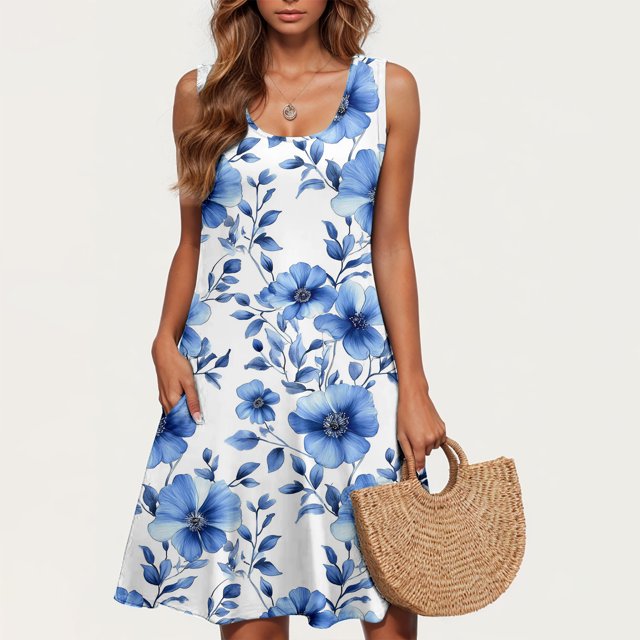 Ovzne Robes d'Été pour Femmes Robe Décontractée Grande Taille Sans Manches Col Rond Robe Courte Florale Robe pour Femmes Liquidation
