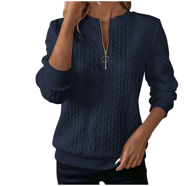 Timegard Hauts à Manches Longues pour Femmes, Blouse Ajustée à Col en V avec Fermeture Éclair, Couleur Unie, Chic Décontracté, Automne