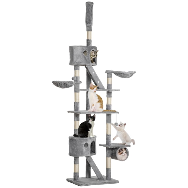 Large Light Grey Cat Tree Condo - 94"-102" Multi-Level Activity Center with Scratching Posts & 2 Condos | Living Room, Bedroom & More