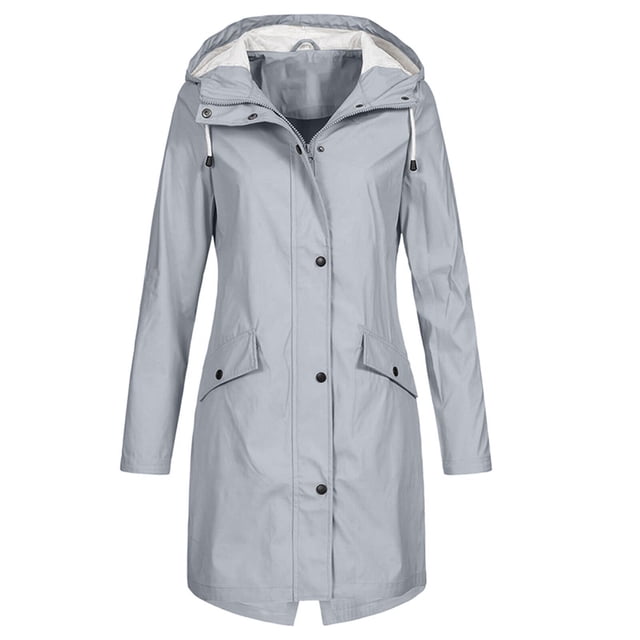 LSLJS Women's Solid Color Rain Jacket Outdoor Hooded Windproof Long Coat( Gray, XL)