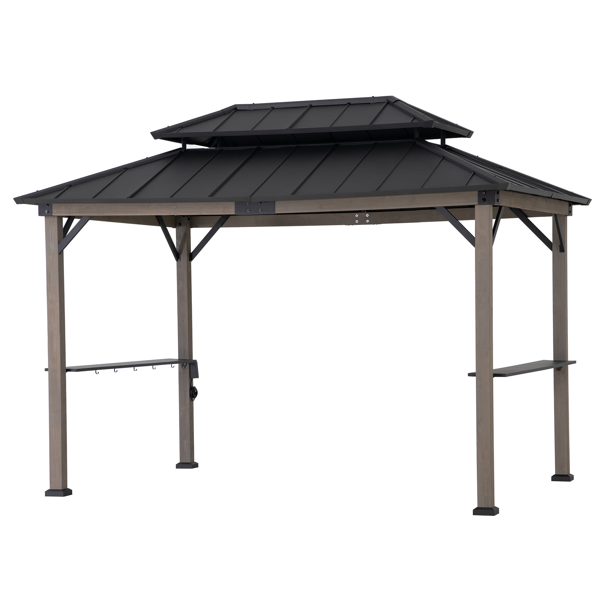 Sunjoy Tonnelle Gazebo en Bois avec Barbecue Intégré, 2.4 x 3.7 m, toit Rigide en Acier, pour des Grillades toute L'année