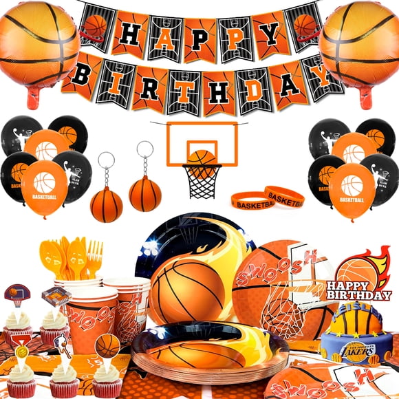 Décorations d'Anniversaire de Basketball, 160 Pcs Décorations et Vaisselle de Fête de Basketball - Bannière de Ballons Orange Nappe Assiettes Gobelet Etc. pour Fournitures de Fête