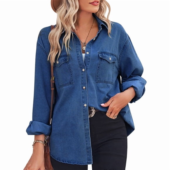 Women Button Down Denim Shirts Casual Long Sleeve V Neck Chambray Blouse Top Dark Blue M