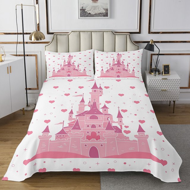 Girls Castle Queen Coverlet Pink Castle Printed Quilt Set for Girls Princess Style Fansty Bedspread Set Hand Drawn Soft Decor Bed Set for Bedroom Decor