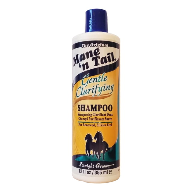Mane N Tail Gentle Clarifying Shampoo bottle, 355 ml, with a white cylindrical body and blue flip-top cap, featuring a yellow and teal label with black horse silhouettes. This shampoo gently removes buildup, revitalizes scalp, and is safe for color treated hair, ideal for daily scalp cleansing and hair nourishment.