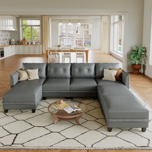 LLappuil Canapé Sectionnel Modulaire, Canapé Sectionnel Modulaire 7 Places avec Rangement, Canapé en Similicuir Imperméable pour Salon