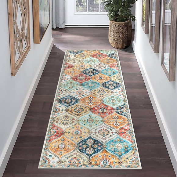Tapis Coureur 2x8 pour Couloirs, Tapis Coureur Lavable à Poils Courts Antidérapant, Motif Vintage Orange Résistant aux Taches, Tapis Coureur Doux d'Intérieur pour Couloir, Entrée, Cuisine, Chambre, Salle de Bain
