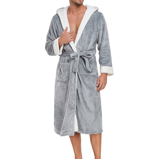 Penkiiy Mens Hooded Robe Plush Fleece, Soft Fluffy House Coat Lounge Robe Full Length Bathrobes with Pockets S Gray
