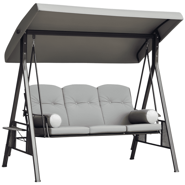 Outsunny Balançoire de Porche 3 Places Chaise Balançoire avec Auvent Inclinable en Gris Pâle. Comprend un Cadre en Acier Enduit de Poudre, Auvent en polyester Ajustable pour Résistance aux UV et à l'Eau, et des Coussins Rembourrés avec Deux Oreillers Ronds pour Plus de Confort. Comprend des Porte-Gobelets Pliables et des Plateaux Latéraux pour Plus de Commodité. Convient aux Espaces Extérieurs comme les patios, les Jardins et les Zones au Bord de la Piscine. Dimensions : 81.1 Pouces de long, 45.7 Pouces de Large et 72 Pouces de Haut. Capacité de Charge : 792 Lb