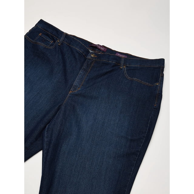 Gloria Vanderbilt women's Amanda Classic High Rise Tapered Jean in Scottsdale Wash, size 20 Plus Regular. These jeans feature a high-rise waist with belt loops, a zipper fly, and functional pockets. The tapered leg design and stretch fabric provide a slim fit, ideal for plus-size women. The dark wash denim adds a versatile and stylish touch.