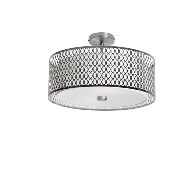 Dainolite 1015-16FH-SC Plafonnier Encastré avec Cadre Métallique à Cercle Ouvert Géométrique en chrome Satiné et Abat-Jour Tambour en Tissu Rigide Blanc, à Intensité Réglable et compatible avec DEL, Convient aux Cuisines, Salles à Manger Ou foyers.