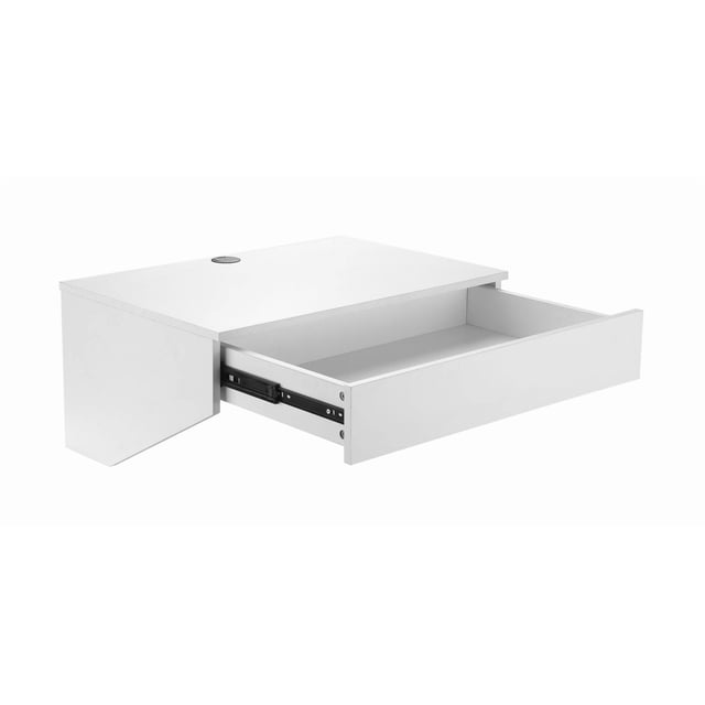 TygerClaw Bureau Mural avec Tiroir en Stratifié Décoratif en Mélamine Blanche, Montré sous un angle 3/4 avec Tiroir Ouvert, avec un Trou de Gestion des Câbles sur le Dessus et des Coulisses de Tiroir en Métal, Convient pour une Utilisation Peu Encombrante au Bureau Ou dans l'Entrée.