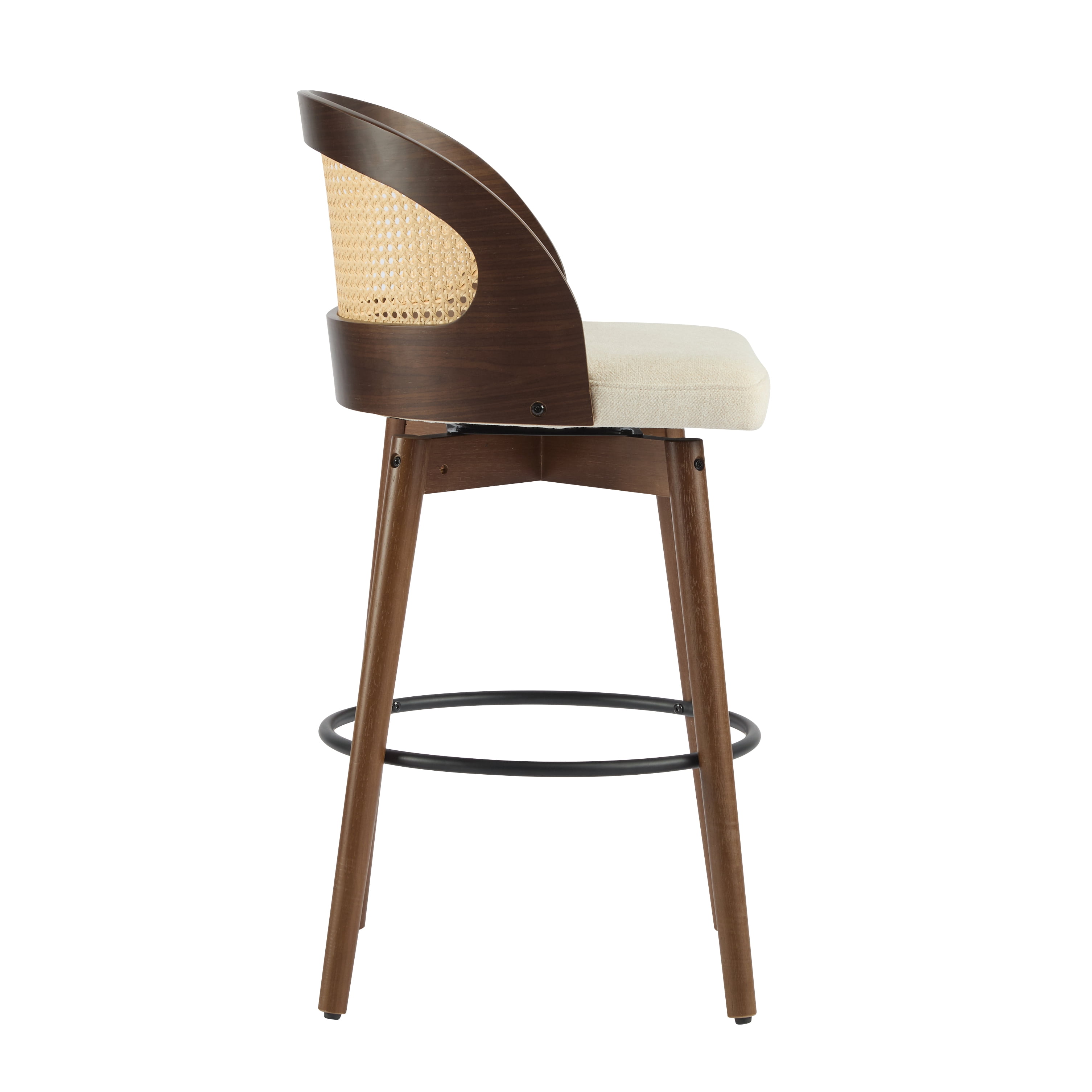 Ensemble de 4 tabourets de bar pivotants Noble House Como, dossier en rotin PE, noyer et beige