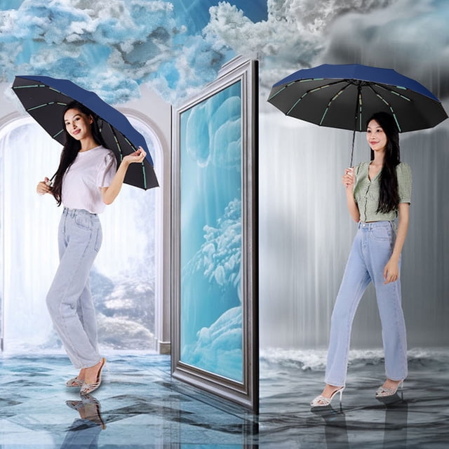 Large Folding Umbrella 60 Rib | Automatic Open Close | Reinforced Windproof Aluminum Frame | Sunshade & Rain Protection | Portable Blue, Sky Blue, Beige | 42" Diameter | Durable, Non-Slip Handle