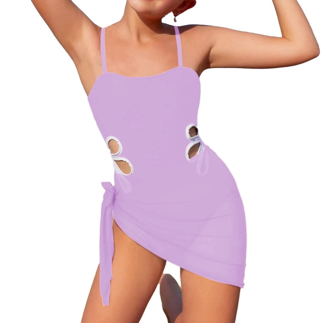 Girls Swimsuit Adjustable Straps Round Neckline Solid Color Bathing Suit with Cut Out Design and Matching Silk Scarf