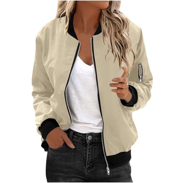 Womens Fashion Jacket Casual Stand Collar Zip Up Lightweight Coat Fall Color Block Jackets with Pockets Khaki S