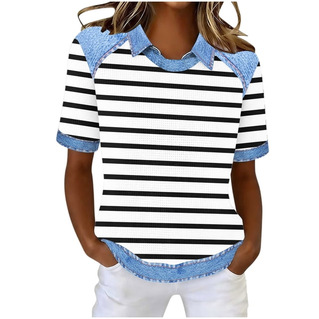 Dazajoo T-Shirts Gaufrés à Manches Courtes pour Femmes, Décontractés, en Denim, à Col à Revers, Chandails à Enfiler, Imprimé à Rayures, Col Rond, T-Shirts Graphiques, Blanc, m