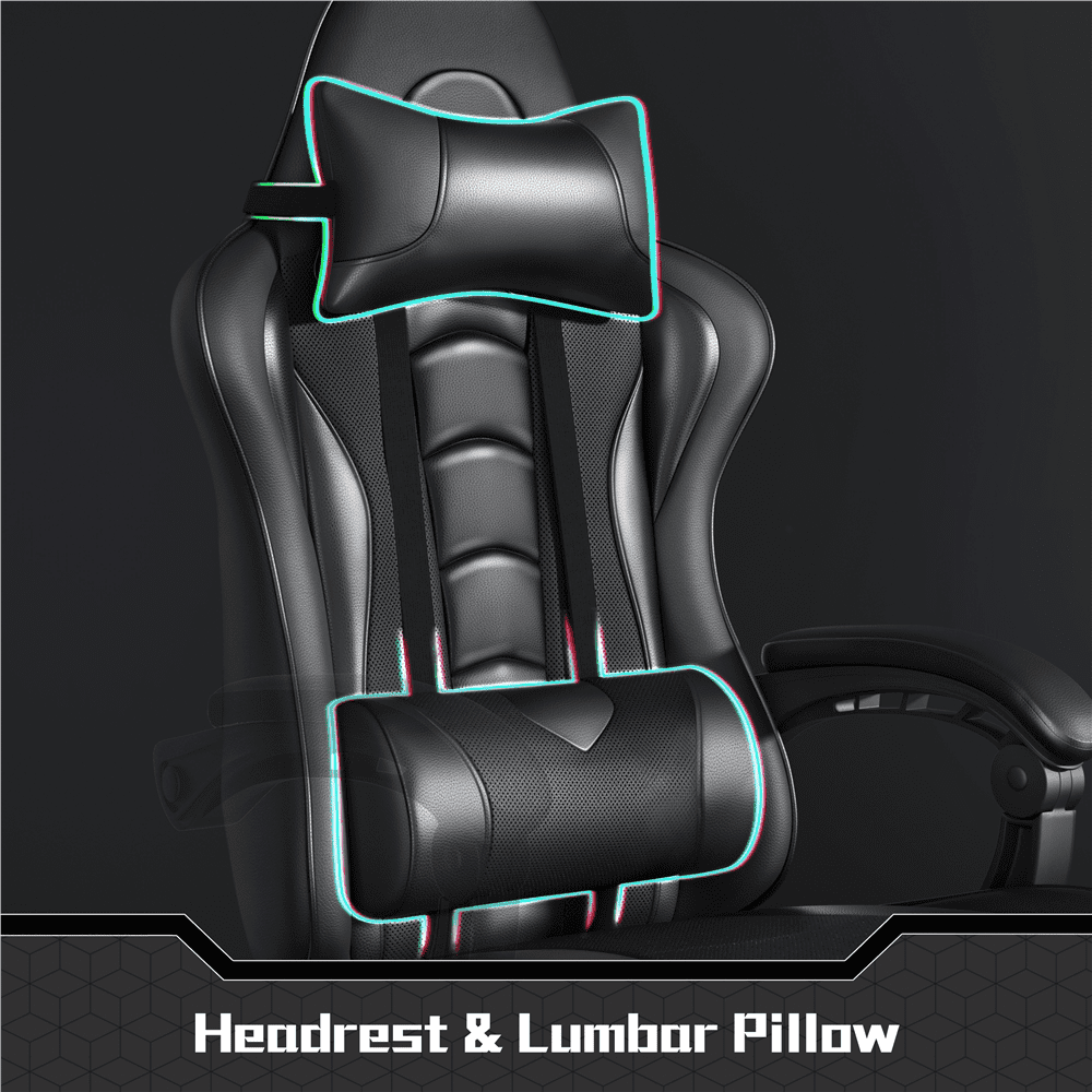 FullFurnique Chaise Gaming Ergonomique à Dossier Haut avec Repose-pieds Coulissant, Noir Intégral