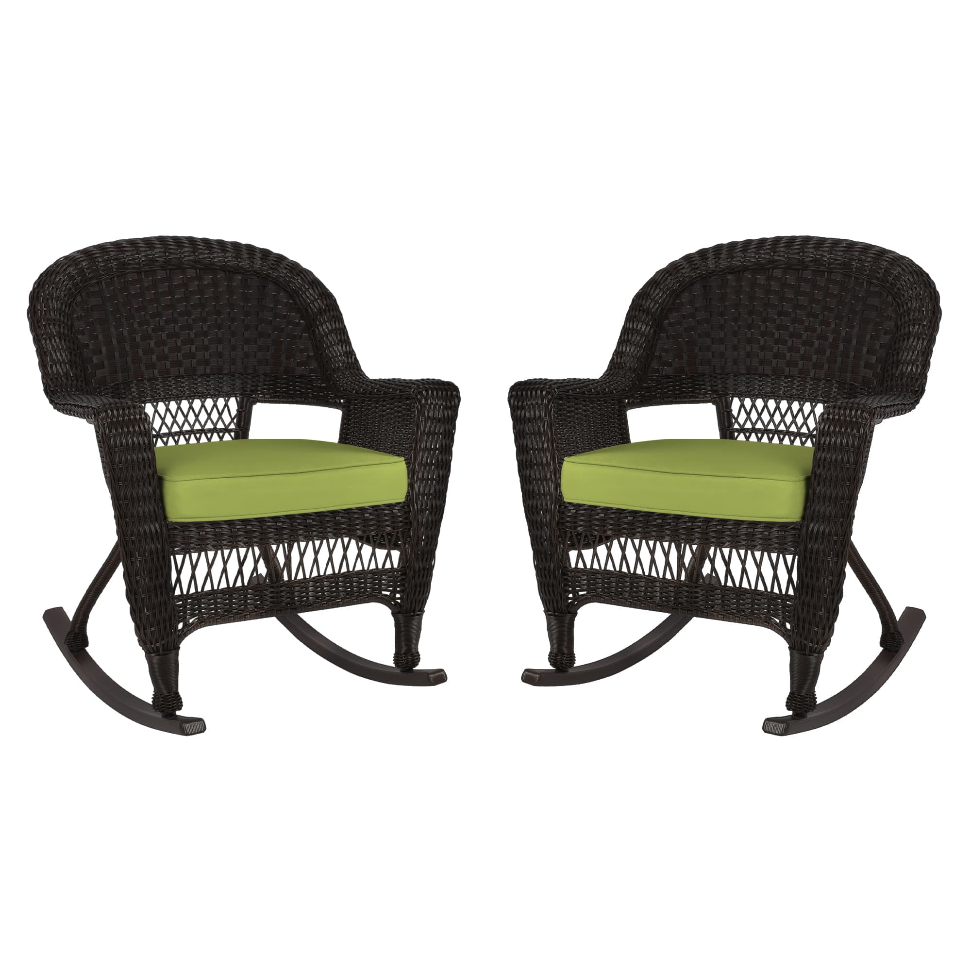 Pemberly Row Rocker Wicker Chair in Espresso with Green Cushion (Set of 2)