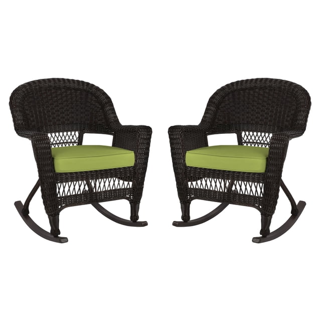 Pemberly Row Rocker Wicker Chair in Espresso with Green Cushion (Set of 2)