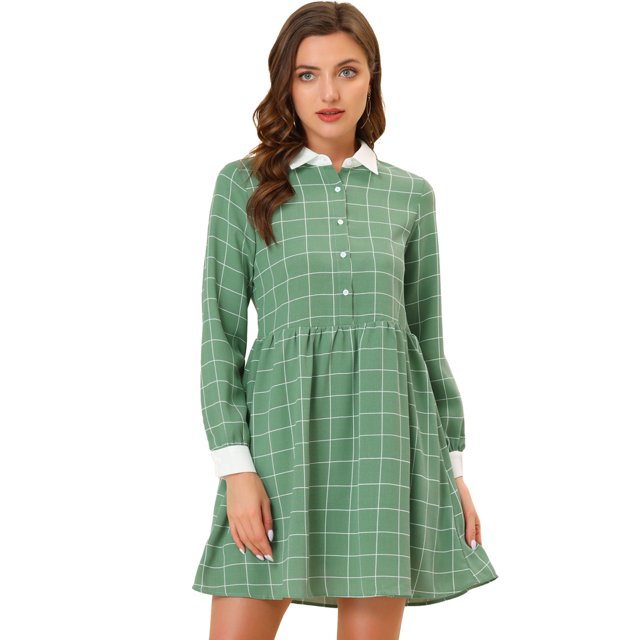 INSPIRE CHIC Robe-Chemise à Carreaux pour Femme à Manches Longues Boutonnée à Col Pointu S Vert