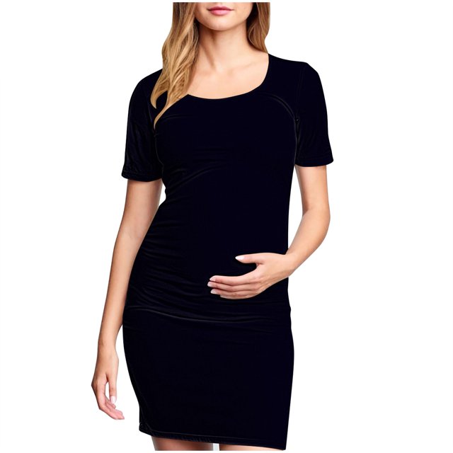 yoeyez Robe de Maternité Été Femmes Manches Courtes Col Rond Robe Soleil Douce Confortable Coton Robes de Grossesse Légère Ample Grande Taille Robe Midi Noir,m