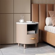 Contemporary & Modern Round Nightstand With Storage Drawer, Sofa End Table With Open Storage Shelf, Bedside Table With Curved Design For Living Room & Bedroom, Easy Assembly,khaki-MDF