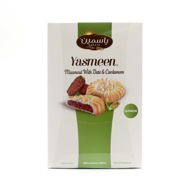 Yasmeen Mamoul avec Dattes et Cardamome Boîte Contenant 20 Pâtisseries Moyen-Orientales Remplies de Pâte de Dattes et de Cardamome, Emballées Sans Colorants Artificiels, Agents de Conservation Ni Additifs Industriels, Idéal pour les Passionnés de Boulangerie et de Pâtisserie.