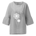thumbnail image 4 of Hauts d'Été pour Femmes 2023 Mode Femmes Décontracté Manches Trois-Quarts Col Rond Coton Lin Imprimé Hauts Unis Blouse Bohème T-Shirt Grande Taille pour Femmes, 4 of 5