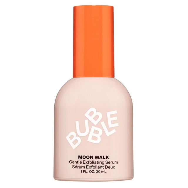 Bubble Skincare Sérum Exfoliant Doux Moon Walk, 1 FL OZ / 30 ml, Bouteille Arrondie Rose Pâle avec Capuchon orange Vif et Texte Blanc et Noir Audacieux, Formulé pour une exfoliation Douce du Visage afin de Lisser la texture de la Peau et Réduire les Taches Irrégulières, Convient aux routines de Soins pour Peau Sensible.