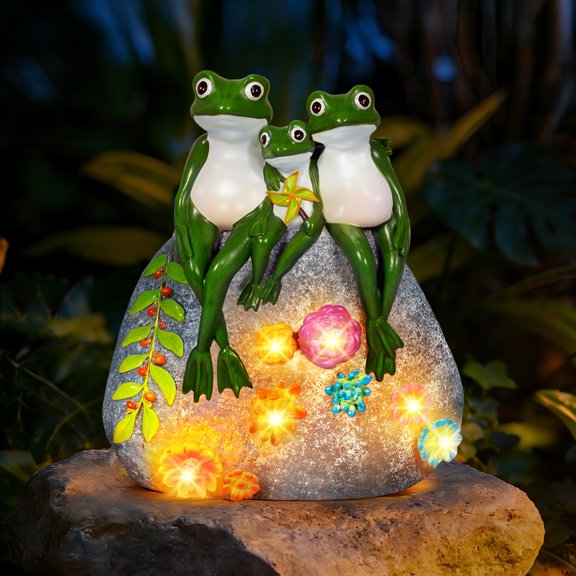 Ollny Solar Garden Frog Statue Light with Succulent and 6 LED Lights, IP65 Waterproof Resin Frog Statues Light for Patio Yard Lawn Decor