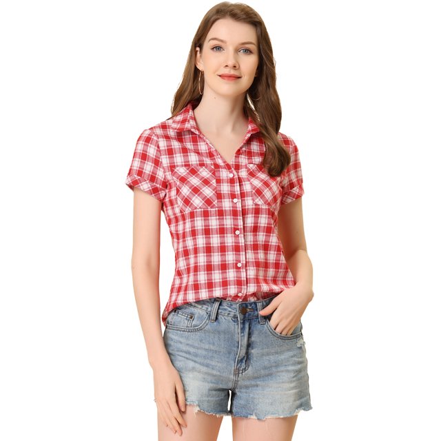 INSPIRE CHIC Chemises à Carreaux pour Femmes Col en Pointe Boutonnées Blouses en Coton m Rouge Blanc