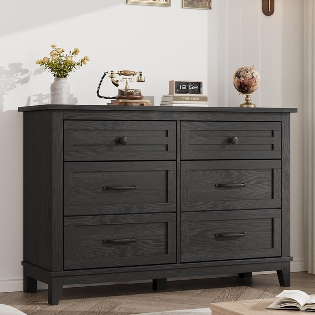 BeesClover Commode 6 Tiroirs pour Chambre, Commode à Tiroirs de 47 Po de Large avec Rangement Autoportante, Coffre de Rangement en Bois pour Salon, Chambre, Entrée