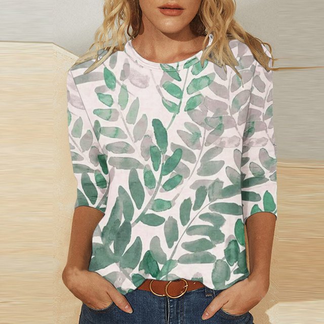 Jsaierl Automne Manches 3/4 Hauts pour Femmes Décontractés Col Rond Chemises Mode Imprimées T-Shirts Confortables Légers 2024 Blouses pour Dames