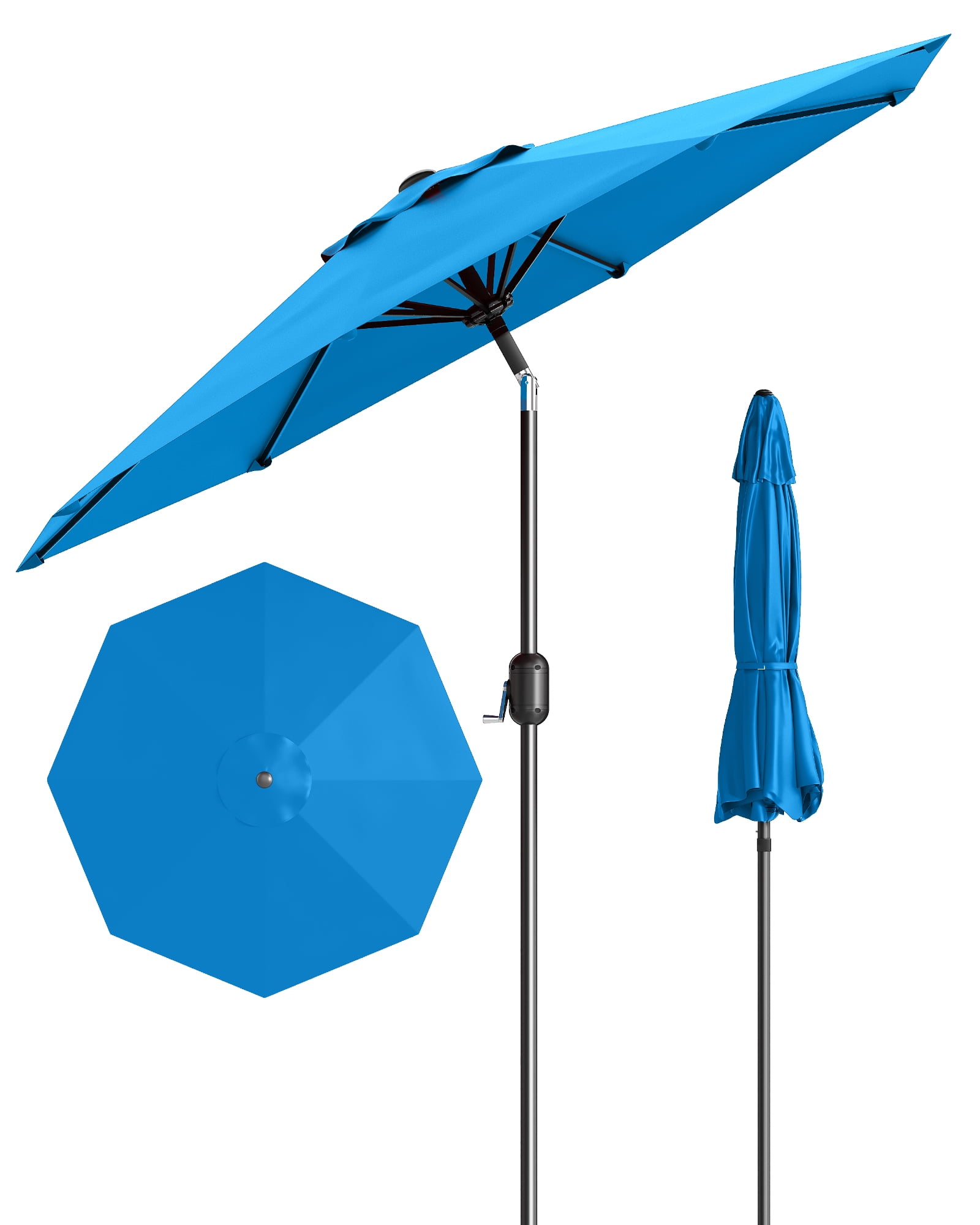 Patio Umbrella Market Umbrella 9ft Azure - 8-Rib Waterproof Sun Shade with UV Protection, Aluminum Frame & Tilt/Crank for Outdoor Table, Poolside, Deck, Garden (1-Pack)
